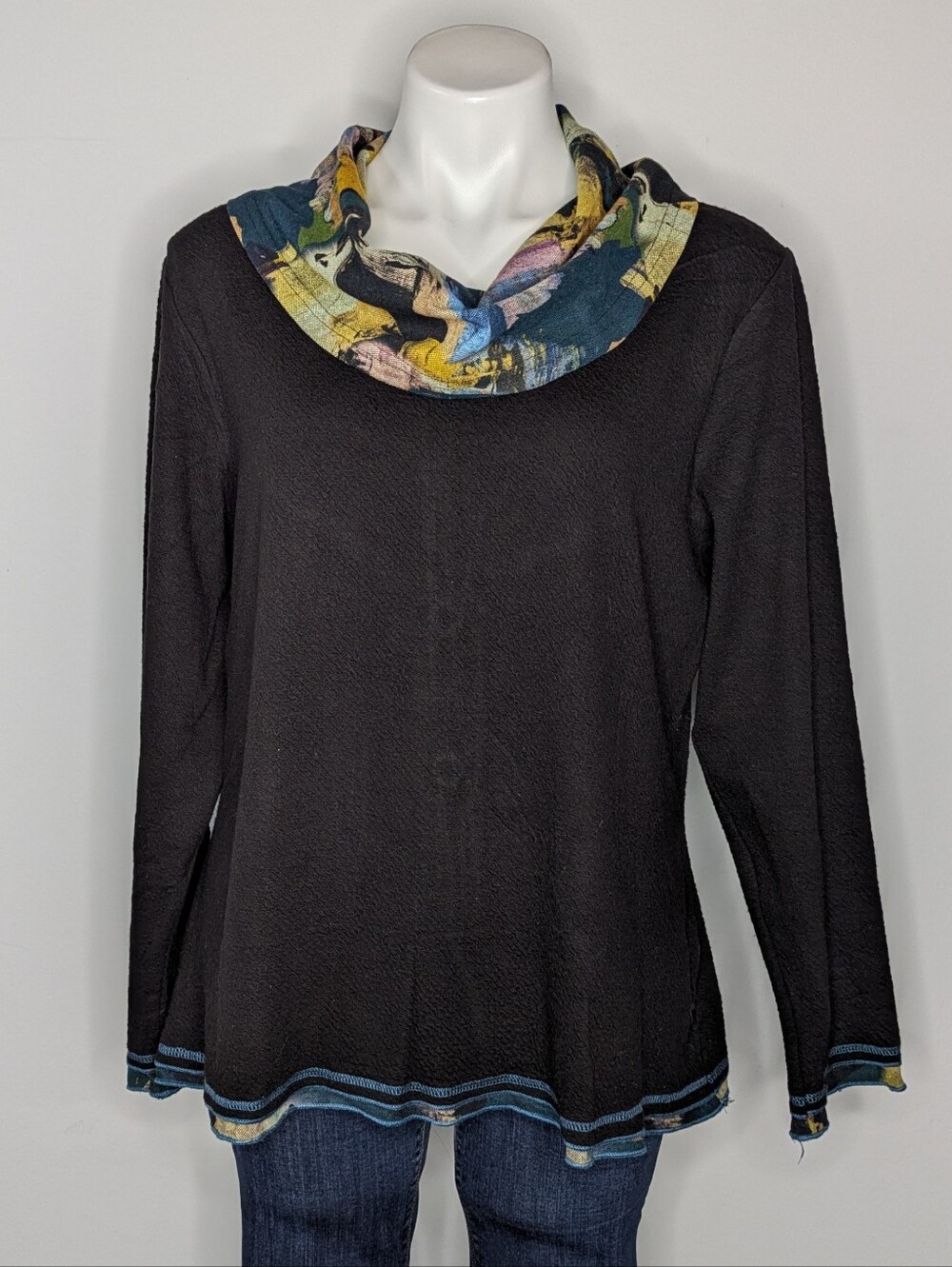 Parsley & Sage Black Yellow Blue Abstract Slouch Cowel Collar Long Sleeve Top L